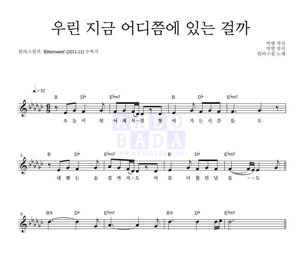 우린 지금 어디쯤에 있는 걸까 멜로디 악보 미리보기
