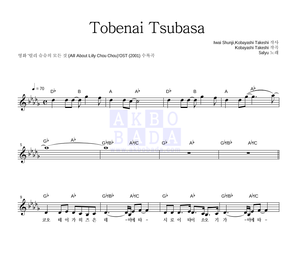 Tobenai Tsubasa 멜로디 악보 미리보기