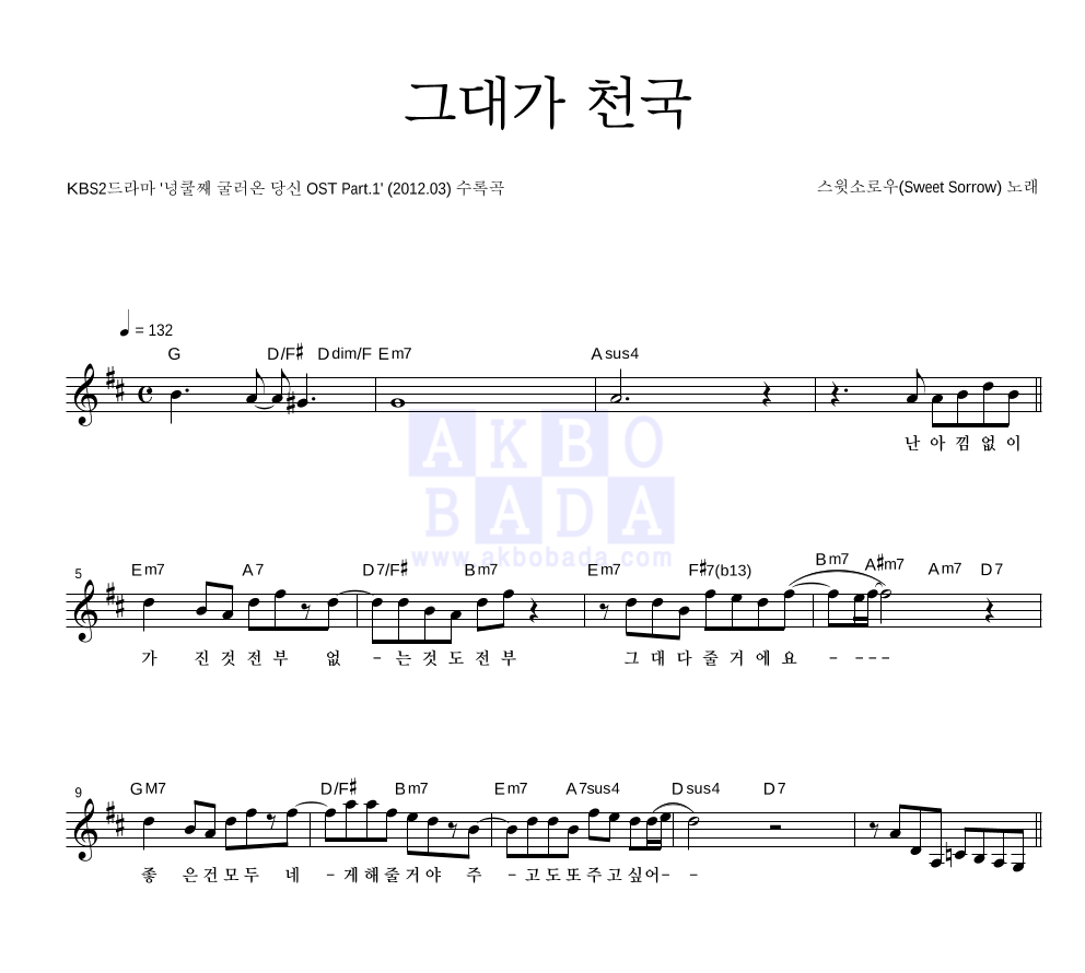 그대가 천국 멜로디 악보 미리보기
