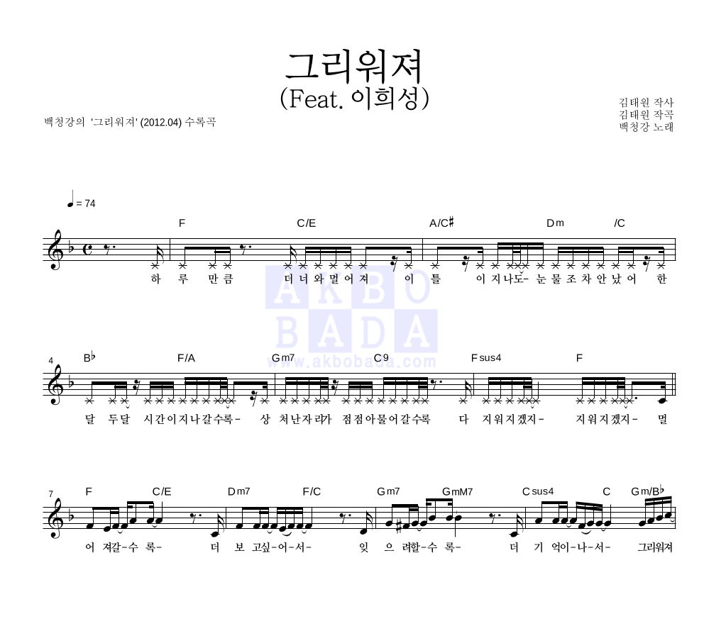 그리워져 (Feat. 이희성) 멜로디 악보 미리보기