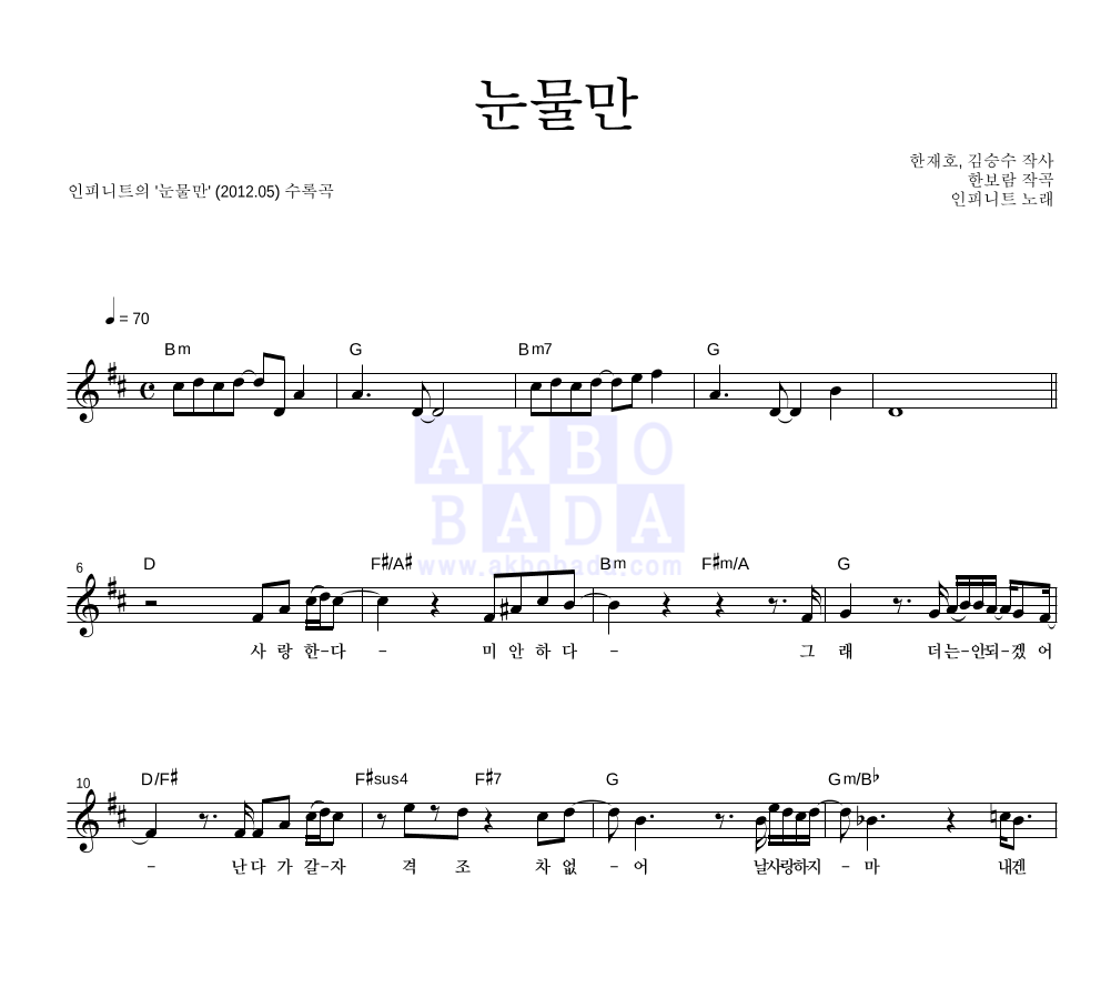 눈물만 멜로디 악보 미리보기