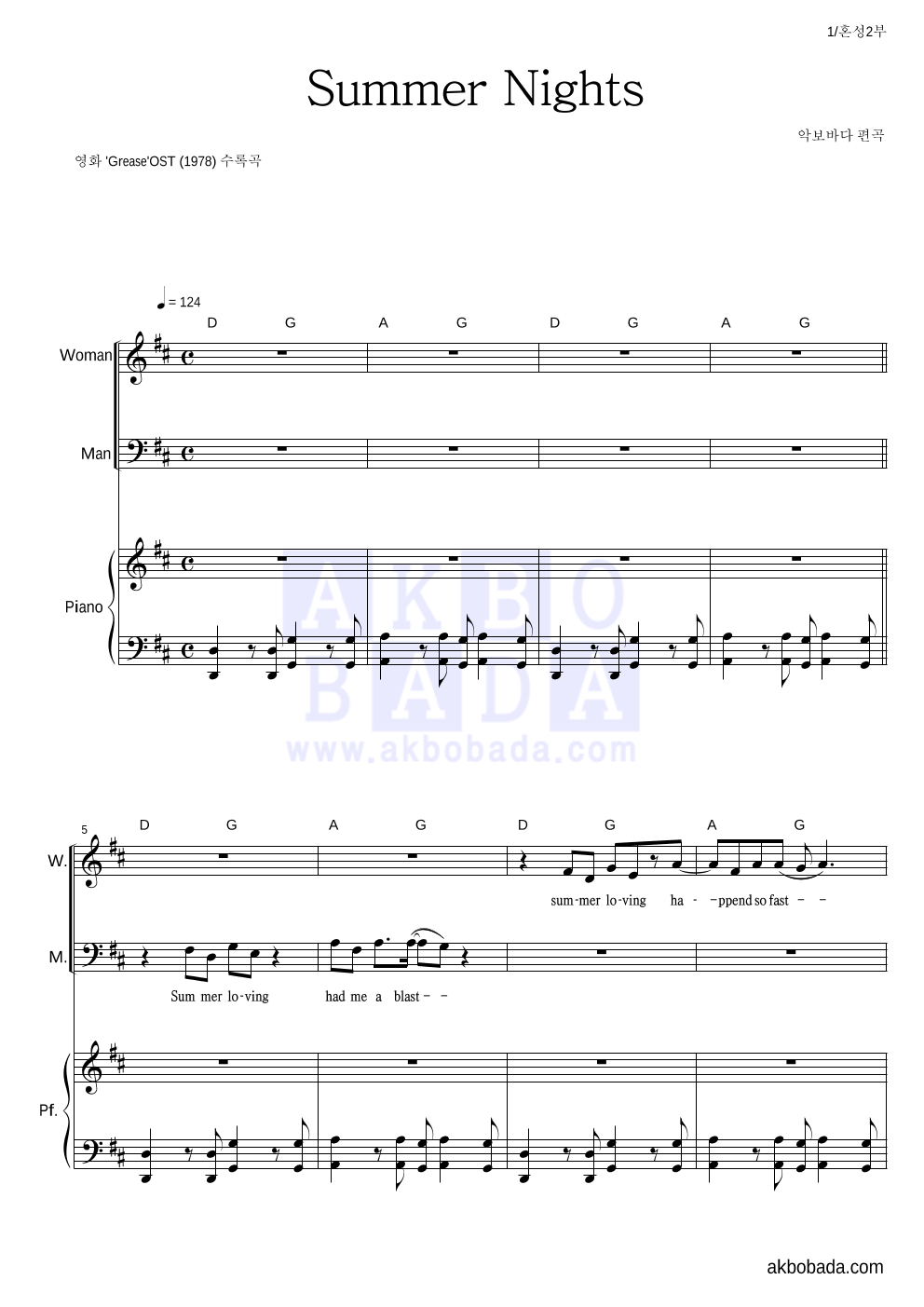 Olivia Newton John,John Travolta Summer Nights 악보