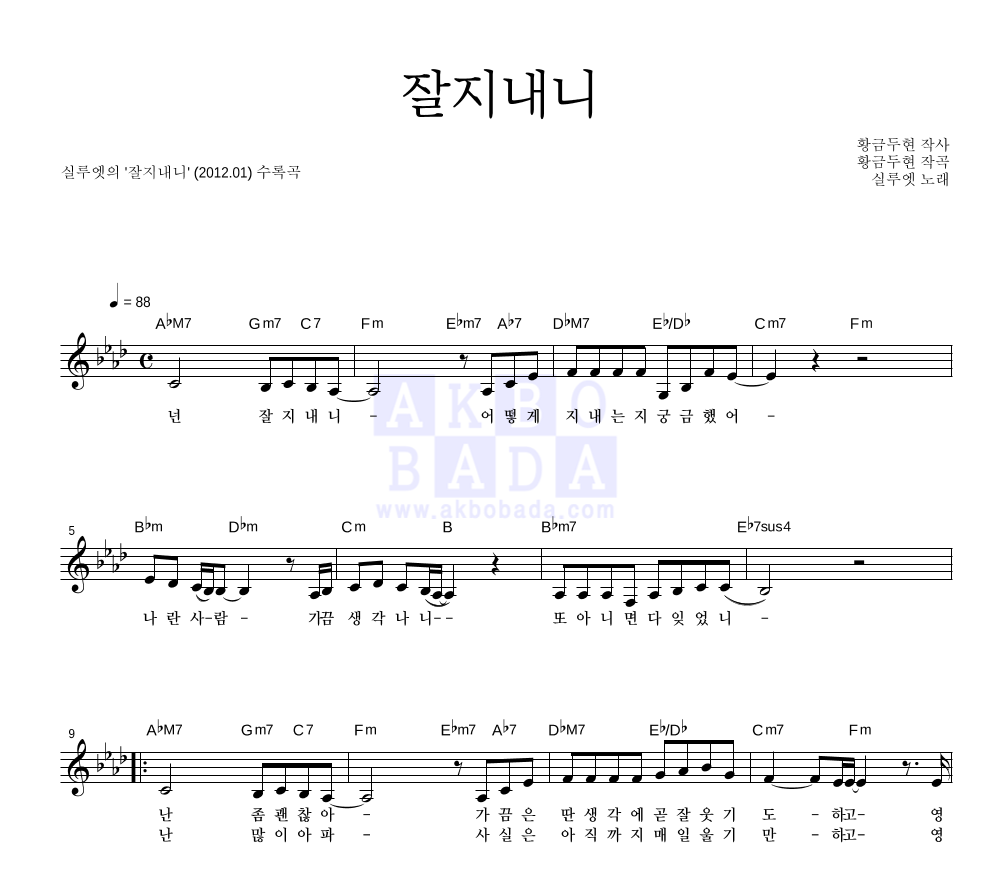 잘지내니 멜로디 악보 미리보기