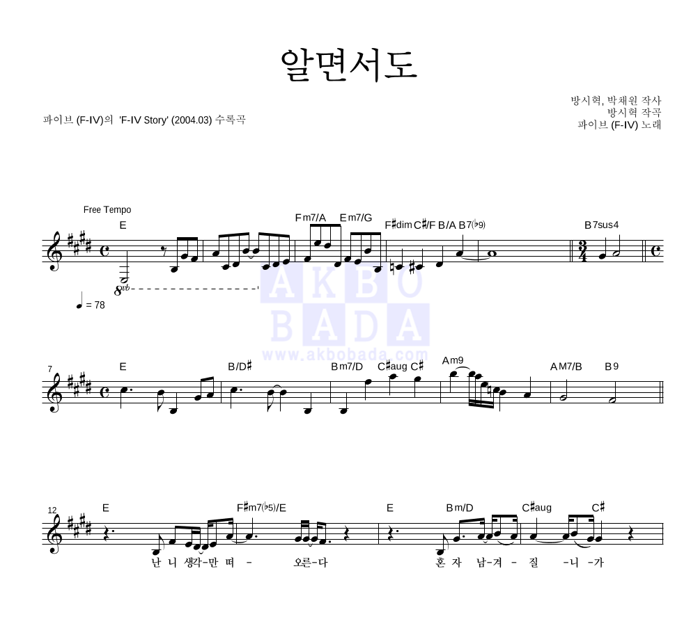 알면서도 멜로디 악보 미리보기