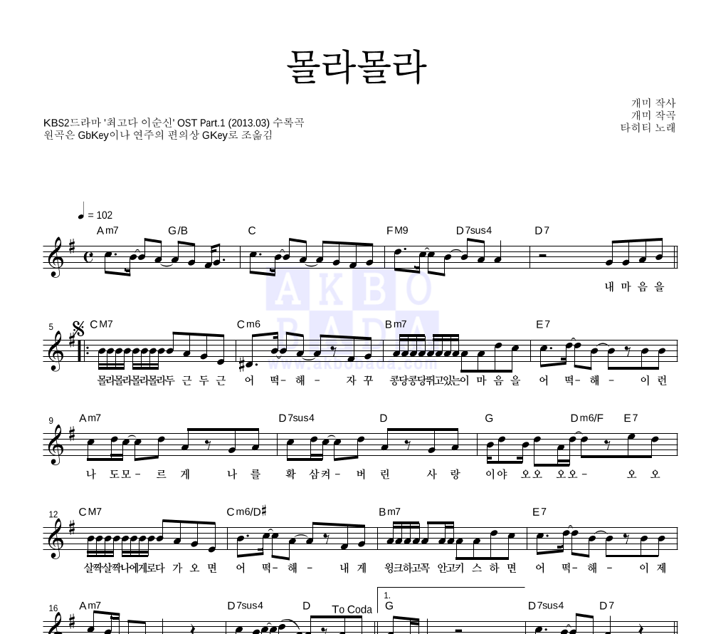 몰라몰라 멜로디 악보 미리보기
